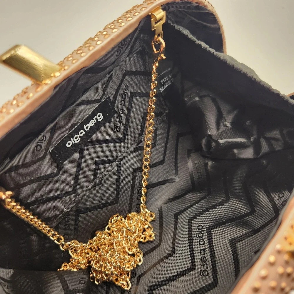 Olga Berg Faye Oval Hard Case Clutch  Rose Gold Tone Hotfix Rhinestone Bag A